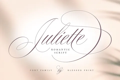 Juliette Script is a romantic font with over 1600 glyphs, perfect for creating unique wedding invitations and elegant products in the Spencerian style.