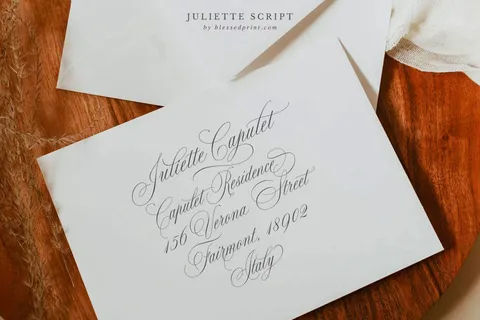 Wedding envelope example, font in use Juliette script by Blessed Print
