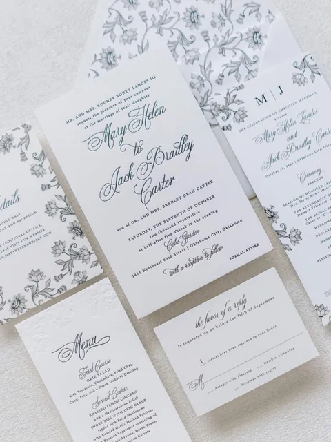 Botanical wedding invitation suite by Eros Studios featuring green Mozart Script calligraphy by Blessed Print. Photograph by Bree Smith Photography.