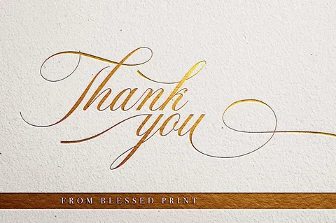Thank you card for weddings, typed by Blessed Print font: Mozart script