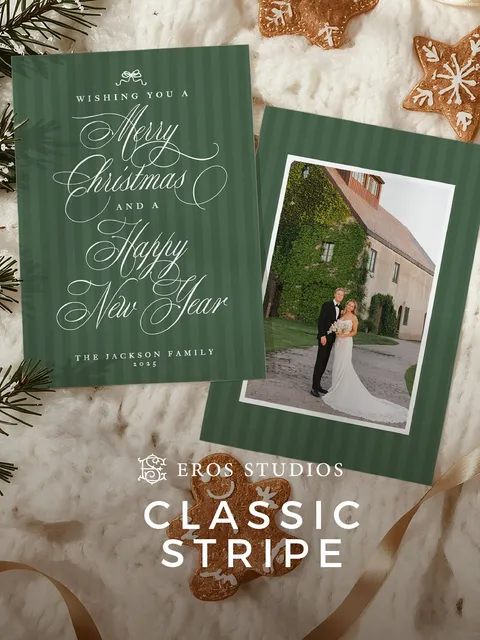 Green striped Christmas cards by Eros Studios featuring Mozart Script calligraphy by Blessed Print and a family photograph.