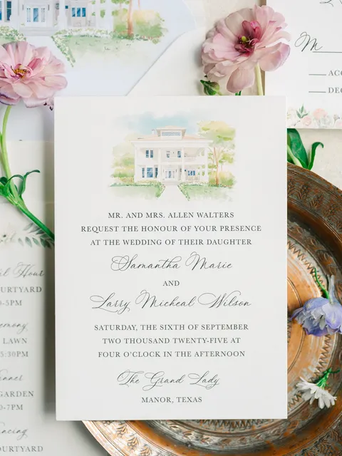 Wedding invitation by Designs by Mecca with La Rumba calligraphy and a watercolor illustration of The Grand Lady. Photograph by Heather J Photography.