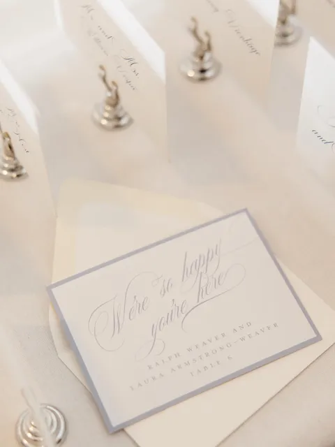 Wedding reception stationery and place cards by Paper & Plume Studio featuring Mozart Script calligraphy by Blessed Print. Photograph by Abby Rose Photo.