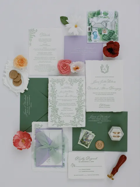 Green and lavender wedding stationery by Pretty Petal Papers featuring La Rumba calligraphy, handmade paper and monogram wax seals. Photograph by Shirlee Photography.