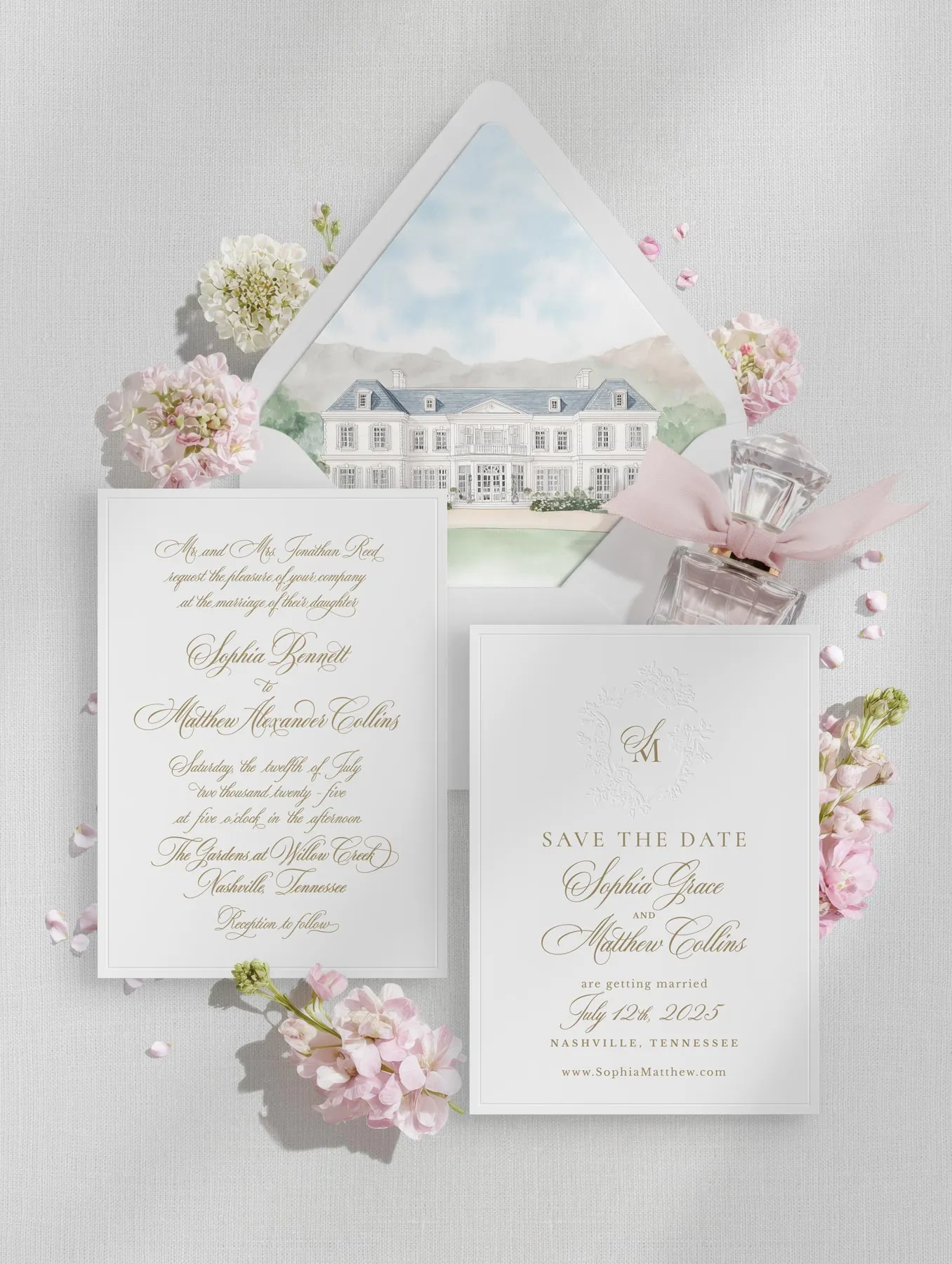 Flat lay wedding stationery scene — preview 1