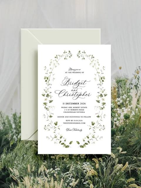 Secret Garden wedding invitation by State of Elliott featuring La Rumba calligraphy inside a green foliage border, against a floral background credited to iamflower.co.