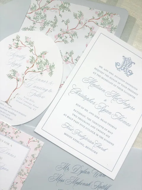 Spring wedding invitation suite by Bluegrass Paperie with pale blue Juliette calligraphy, a monogram and a floral envelope liner.