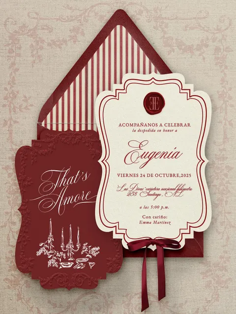 Burgundy and cream invitation suite by Papier d’Rose featuring Mozart Script calligraphy by Blessed Print, a striped envelope liner and wax seal.