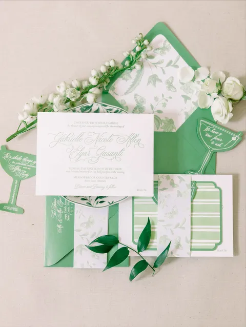 Green botanical wedding invitation suite by Paige Watt of Designs By P with Mozart Script calligraphy by Blessed Print. Stationery photograph by Katelyn Masters Photography.