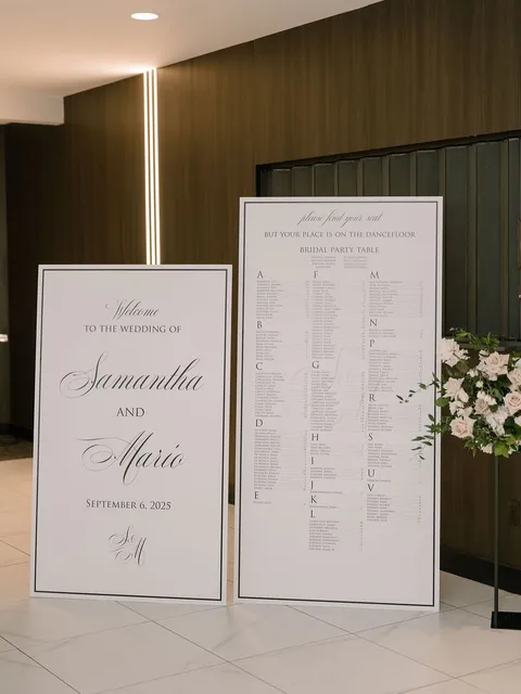 Wedding welcome sign and seating chart by Stephita Invitations with Mozart Script calligraphy, photographed by lifeas.sheknowsit.