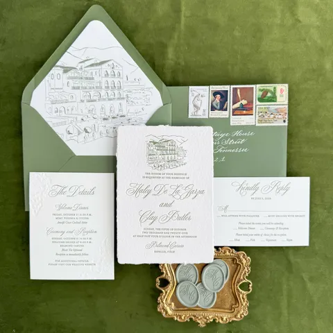 Italian destination wedding invitation suite by Little Postage House featuring Mozart Script, a venue sketch, green envelopes and vintage postage.