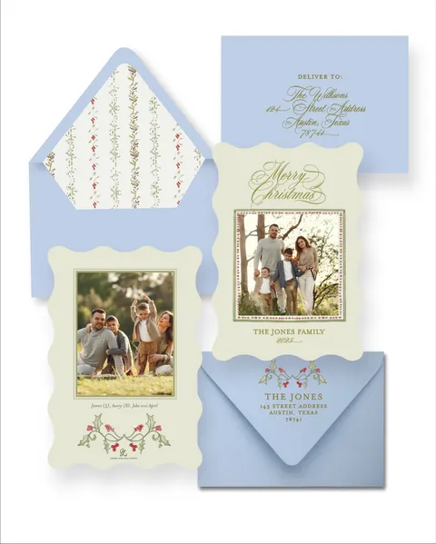 Blue and green Christmas photo cards by Amber LeBlanc Studio with Juliette holiday lettering, decorative die-cut shapes and coordinating envelope liners.