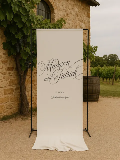 Long cream linen wedding welcome banner by State of Elliott featuring Juliette calligraphy, displayed beside a stone building and climbing greenery.