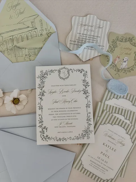 Botanical wedding invitation by Amber LeBlanc Studio with Juliette calligraphy, illustrated borders, pastel stationery and a shell-shaped card.