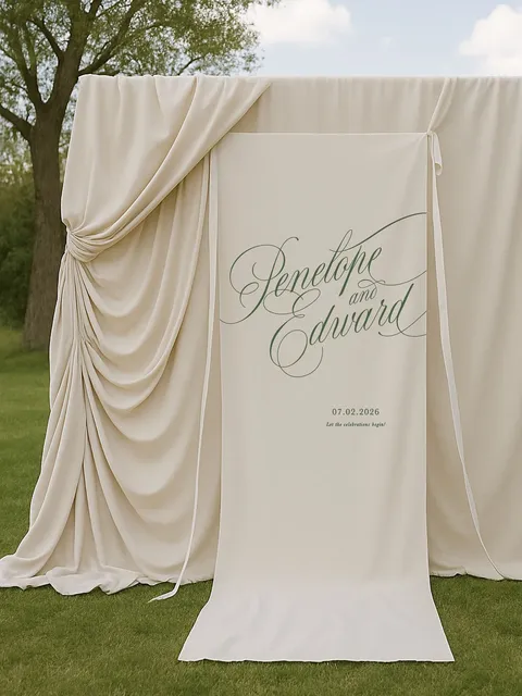 Cream cloth wedding welcome sign by State of Elliott featuring green Juliette calligraphy, displayed outdoors against gathered fabric.