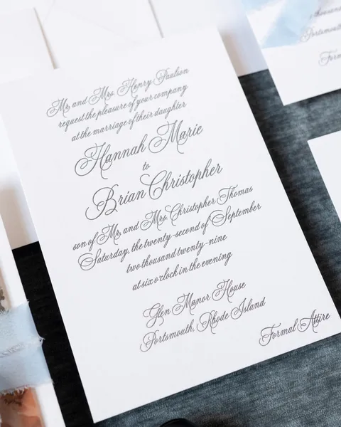 Heritage letterpress wedding invitation by Banter & Charm featuring all-script Juliette lettering in black on white cotton paper. Photograph by Sarah Sage Photography.