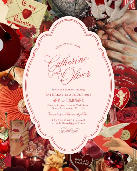 Pink Capulet wedding invitation by State of Elliott with red Juliette calligraphy and an ornate oval shape, displayed among red and pink decorative details.
