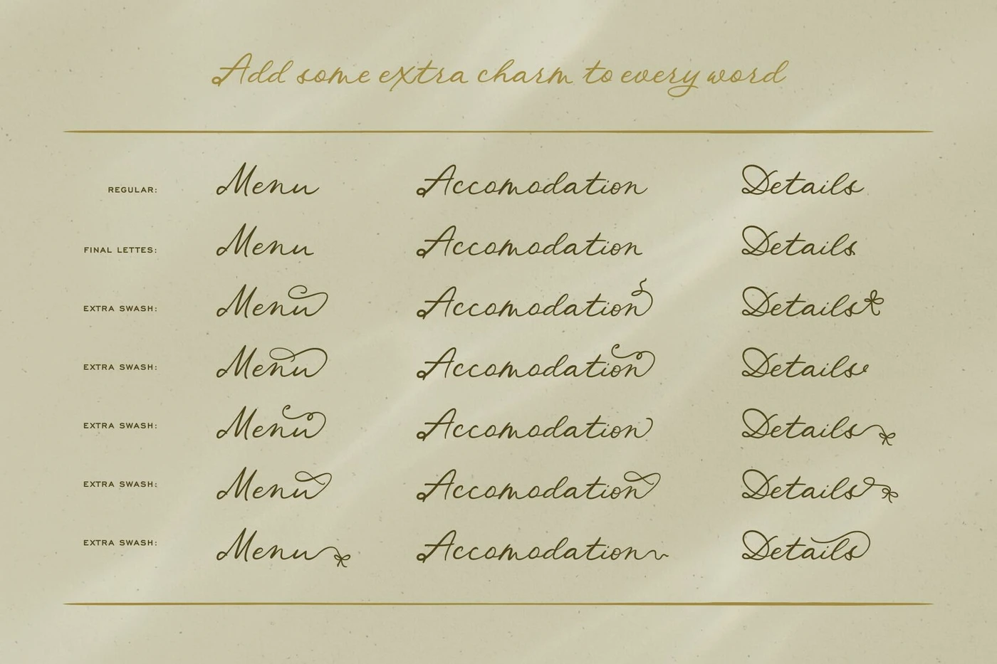 Fairy Bloom script font character set showing calligraphy swashes, alternates, and final letters for Menu, Accommodation, and Details in elegant style