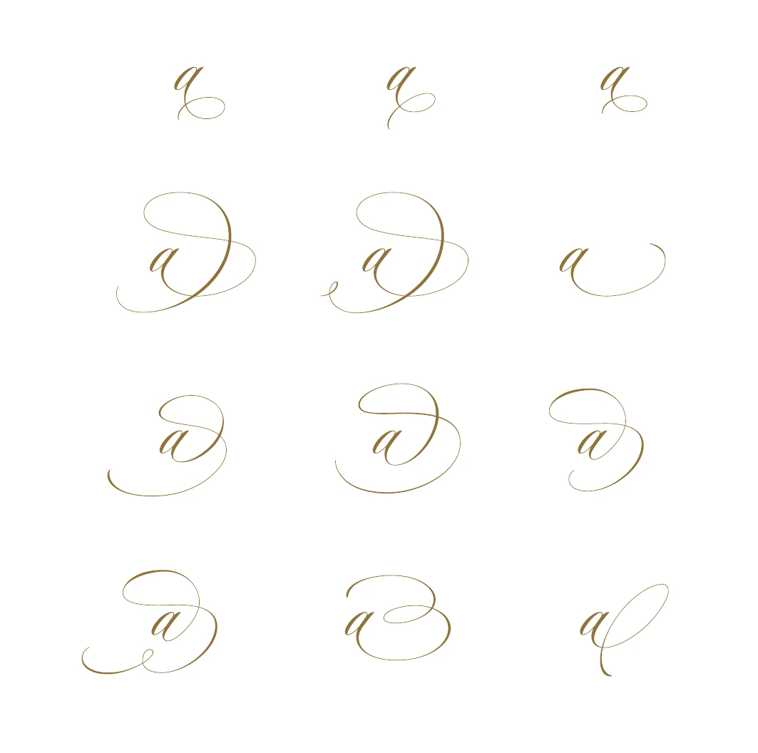 Twelve alternate lowercase a forms in Mozart II, showing different entry and exit swashes.