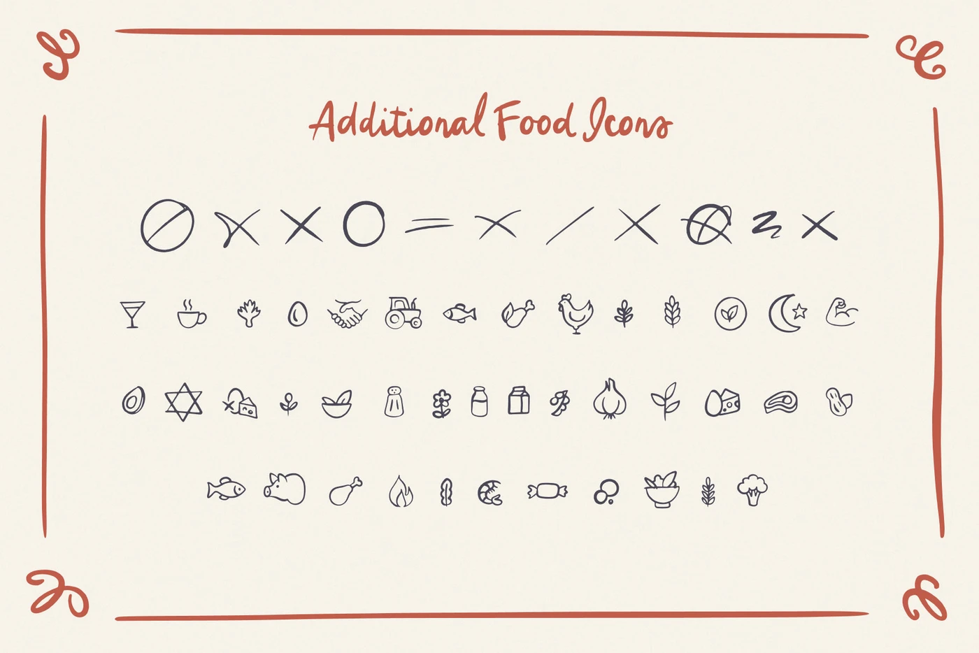 Scribble Mood extras sheet showing food and dietary icons in doodle font style, great for fun label design