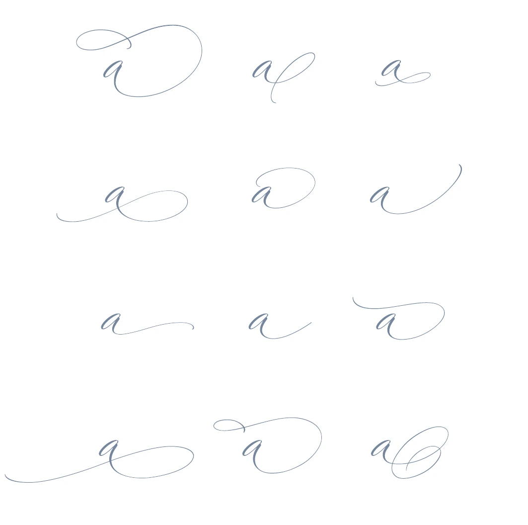 Second Moon lowercase a alternates a1 through a12 with different looping swashes.